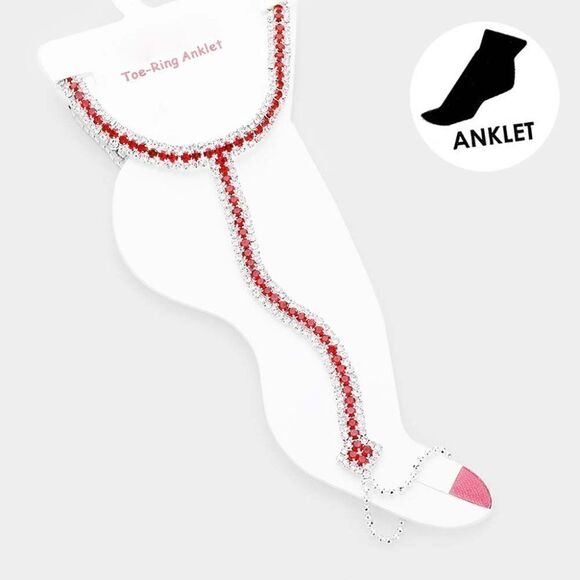 Anklet Red Rhinestone Silver Net Toe Ring - Picture 4 of 6